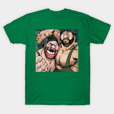 Green graphic t-shirt featuring cartoon characters in energetic pose, casual fit, cotton material.
