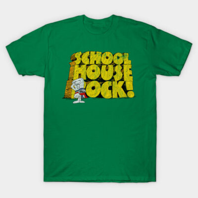 Green "Schoolhouse Rock" graphic T-shirt, casual style, cotton fabric, educational theme, unisex, short sleeve.