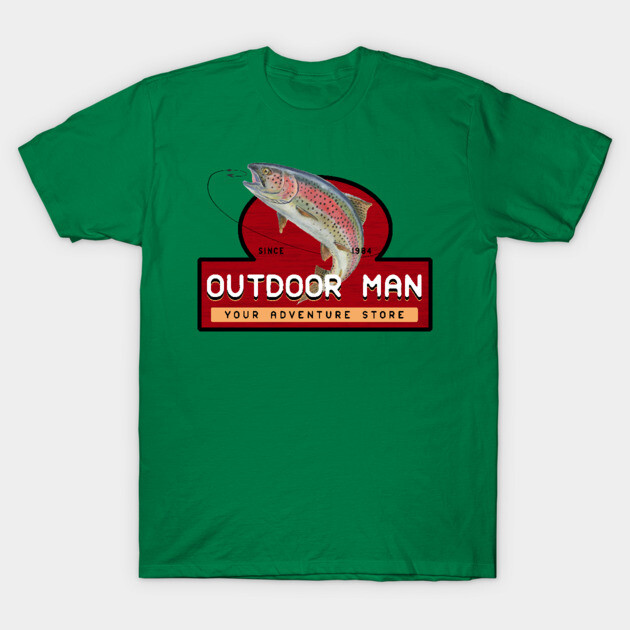 Green t-shirt with fish graphic and "Outdoor Man" logo, perfect for fishing enthusiasts, cotton material.