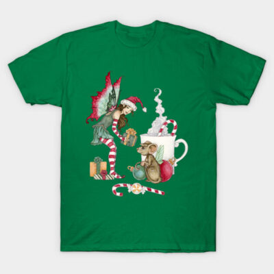 Green Christmas-themed t-shirt with whimsical elf and mouse design, featuring gifts and candy canes, perfect for festive wear.