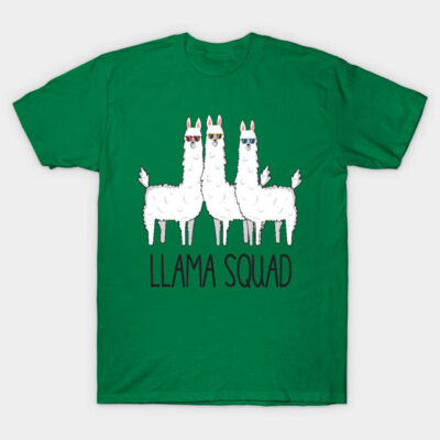 Green t-shirt with playful llama squad graphic, casual style, ideal for everyday wear.