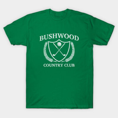 Green "Bushwood Country Club" T-shirt, classic fit, casual wear, cotton material, golf-themed design.