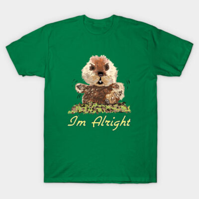 Green t-shirt with playful animal graphic and "I'm Alright" text, casual style, comfortable cotton material.
