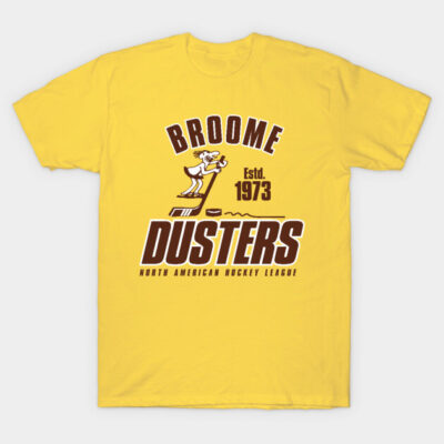 Yellow Broome Dusters t-shirt with vintage hockey design, perfect for sports enthusiasts. 100% cotton casual wear.