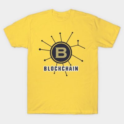 Yellow blockchain-themed t-shirt, short-sleeve, casual wear, featuring black graphic and text design, cotton material.