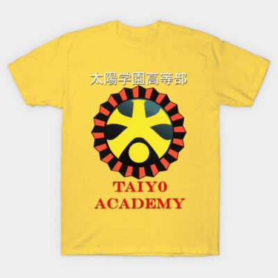 Yellow Taiyo Academy T-shirt with graphic emblem and Japanese text, casual style, cotton material. Ideal for everyday wear.