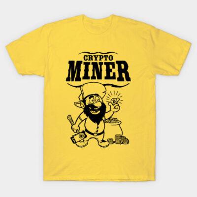 Yellow "Crypto Miner" T-shirt, cartoon graphic, casual cotton tee, ideal for cryptocurrency enthusiasts.