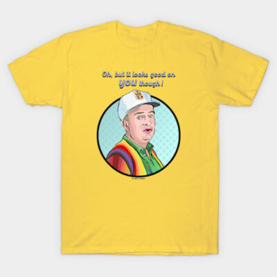 Yellow t-shirt with colorful graphic and text, casual style, ideal for everyday wear, soft cotton material.