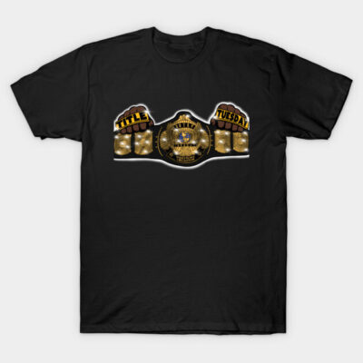 "Black T-shirt with gold championship belt graphic, Title Tuesday design, casual wear, cotton blend material."