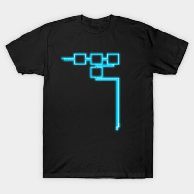 Black t-shirt with neon blue geometric circuit design, casual style, made from cotton, ideal for tech enthusiasts.