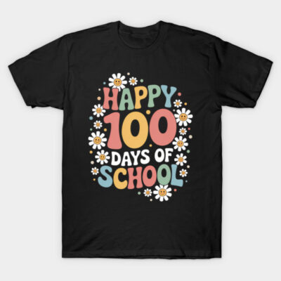 Black t-shirt with colorful "Happy 100 Days of School" design and daisy pattern, perfect for school celebrations.