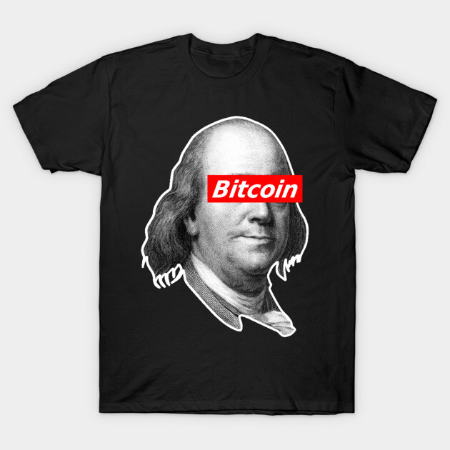 Black graphic t-shirt featuring a historic figure design with bold red "Bitcoin" text overlay, casual wear.