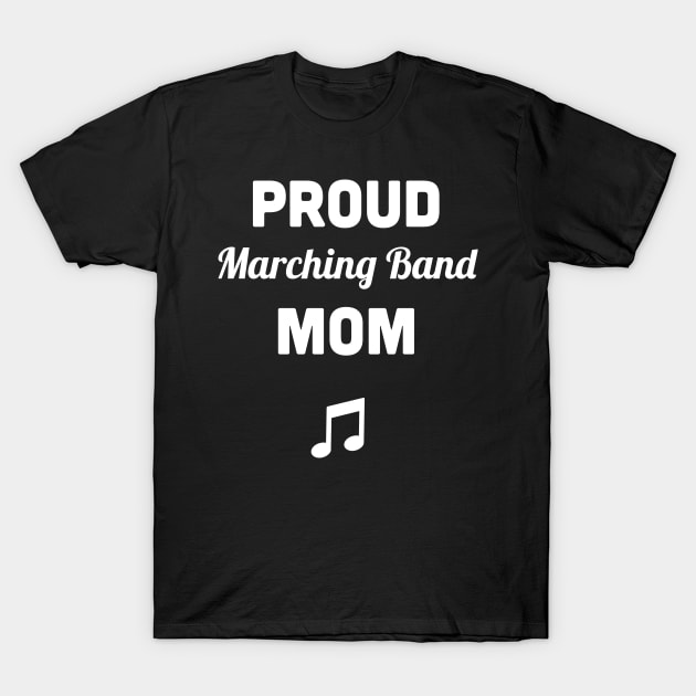 Black "Proud Marching Band Mom" t-shirt with musical note, perfect for band events, cotton material, casual style.