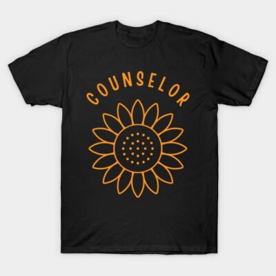 Black t-shirt with orange sunflower and "Counselor" text, casual style, cotton material, unisex design.