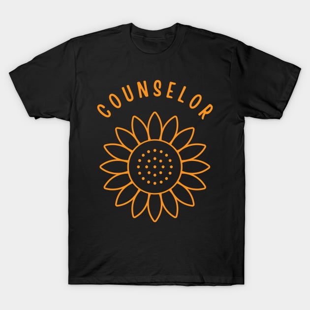 Black t-shirt with orange sunflower and "Counselor" text, casual style, cotton material, unisex design.