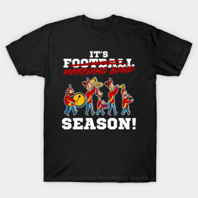 Black T-shirt with "It's Marching Band Season" text and cartoon musicians in red uniforms, perfect for music enthusiasts.