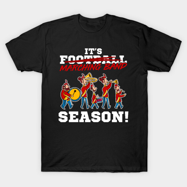 Black T-shirt with "It's Marching Band Season" text and cartoon musicians in red uniforms, perfect for music enthusiasts.