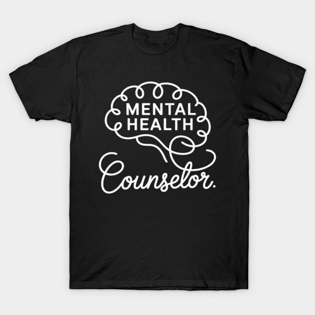 Black "Mental Health Counselor" t-shirt with brain design, cotton material, casual style, unisex, short sleeves.