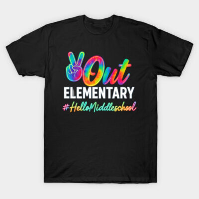 Black T-shirt with colorful "Out Elementary #HelloMiddleschool" print, casual style, perfect for school transitions.
