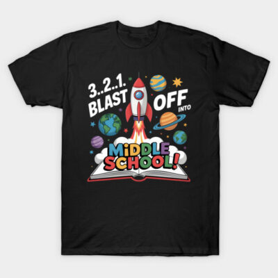 Black t-shirt with colorful "Blast Off into Middle School" space-themed graphic, featuring planets and rocket.