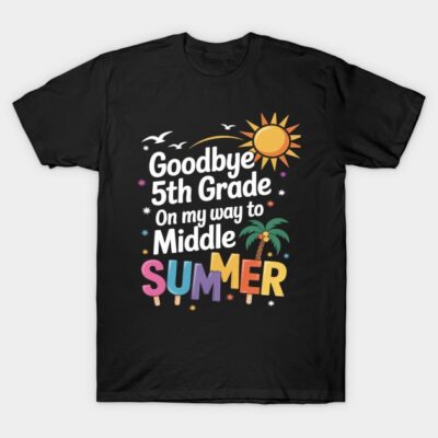 Black T-shirt with colorful "Goodbye 5th Grade" summer design featuring sun and palm tree, perfect for students.
