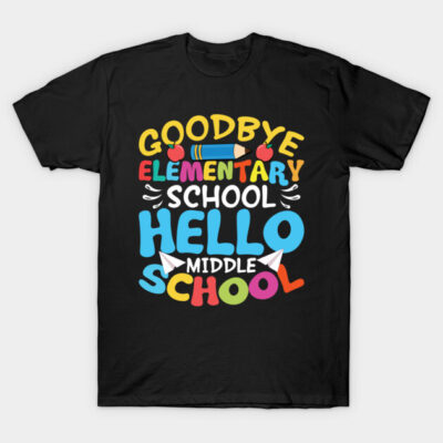 Black t-shirt with colorful "Goodbye Elementary, Hello Middle School" design, perfect for school transitions.