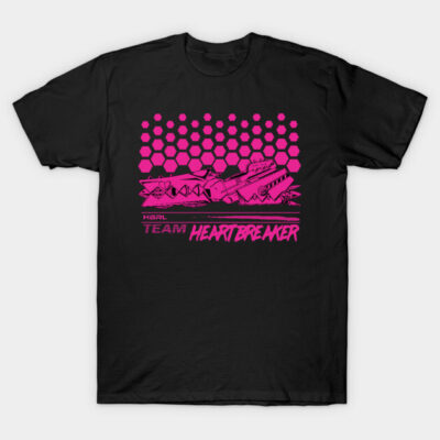 Black t-shirt with pink graphic design, hexagonal pattern, text "Heartbreaker," casual wear, cotton material.