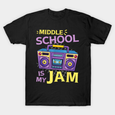 Black t-shirt with colorful retro boombox and "Middle School is My Jam" text design, casual wear.