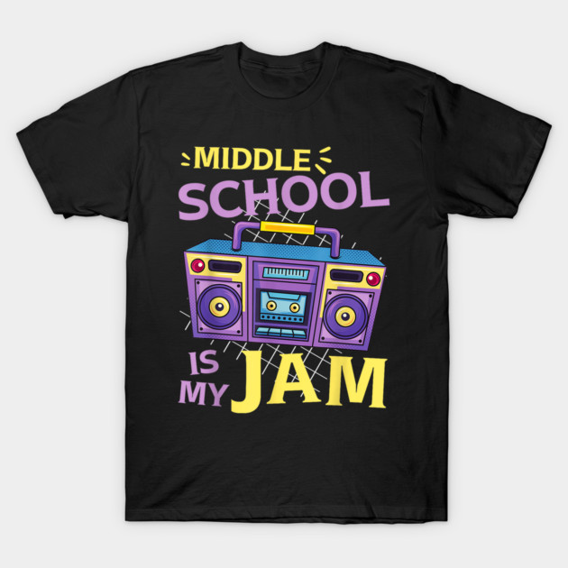 Black t-shirt with colorful retro boombox and "Middle School is My Jam" text design, casual wear.