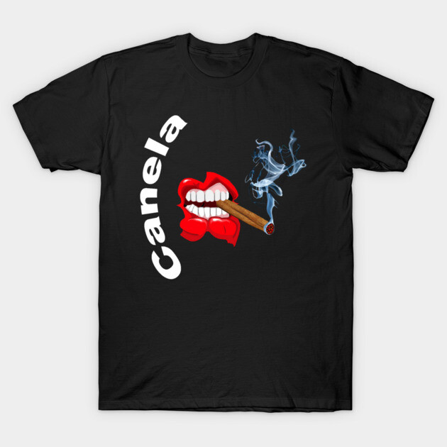 SMOKING CANELA T-Shirt 1 Black t-shirt with graphic of red lips holding a cigar, smoke rising, text "Canela" in white. Casual and stylish design.