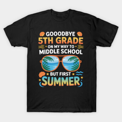 Black T-shirt with colorful text design for fifth grade graduation, featuring sunglasses and summer theme.
