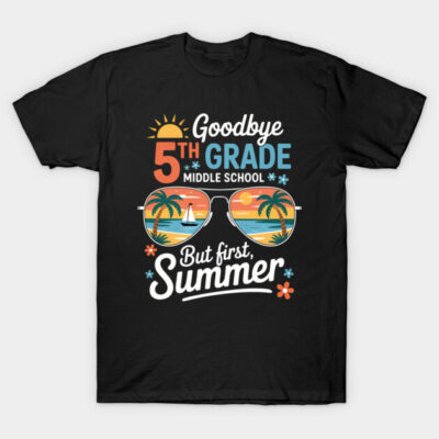 Black "Goodbye 5th Grade" T-shirt with summer-themed sunglasses graphic, perfect for students transitioning to middle school.