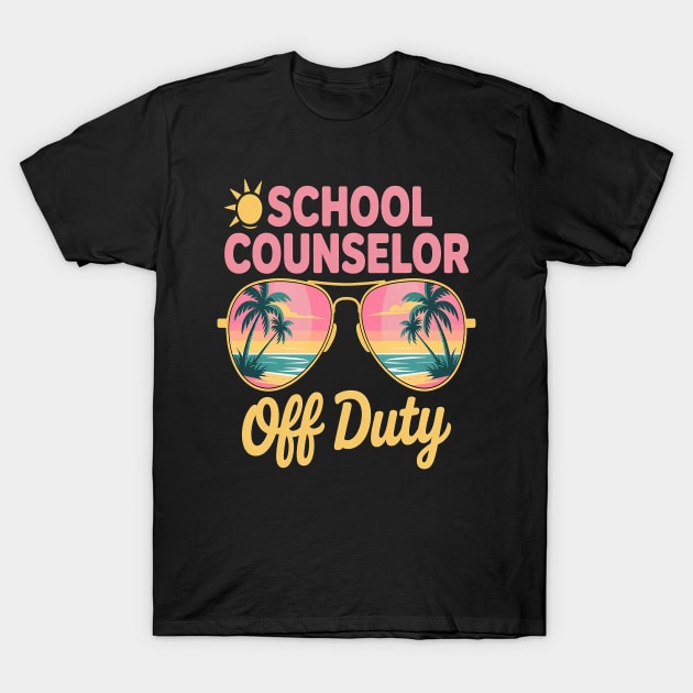 Black "School Counselor Off Duty" t-shirt with colorful sunglasses design, casual cotton apparel for leisure wear.