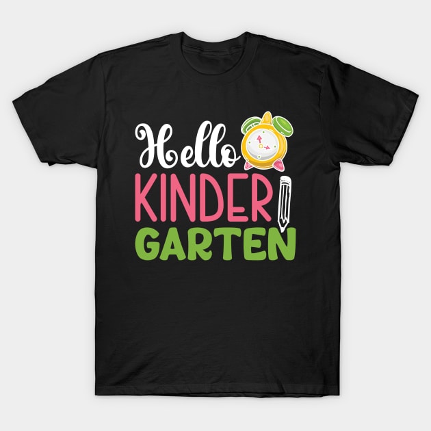 Black "Hello Kindergarten" T-shirt with colorful text, perfect for back-to-school. Cotton fabric, casual style.