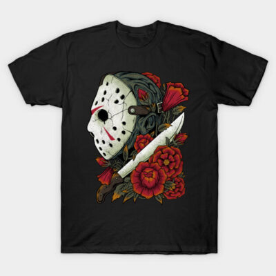 Black t-shirt with horror mask and knife design, red roses. Perfect for Halloween or casual wear. 100% cotton, unisex fit.
