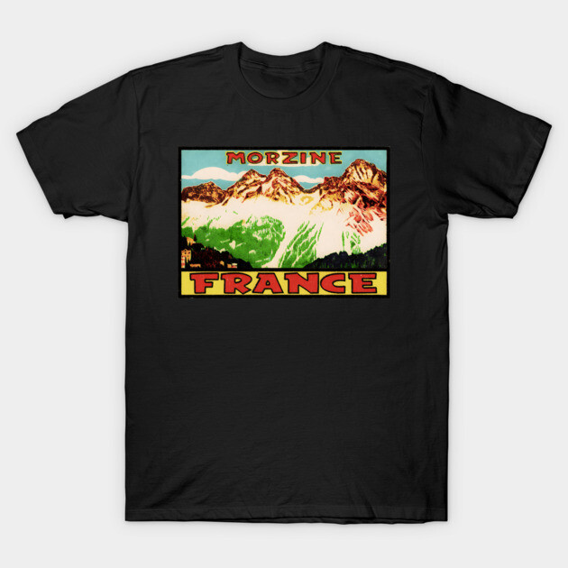 Black t-shirt with vintage Morzine France mountain graphic, casual style, 100% cotton, travel souvenir design.