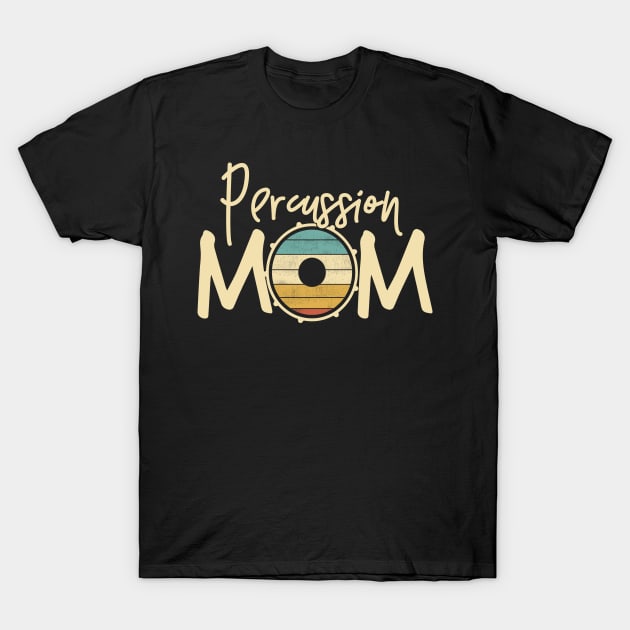 Black "Percussion Mom" T-shirt with drum graphic, casual style, made of soft cotton for music enthusiasts.