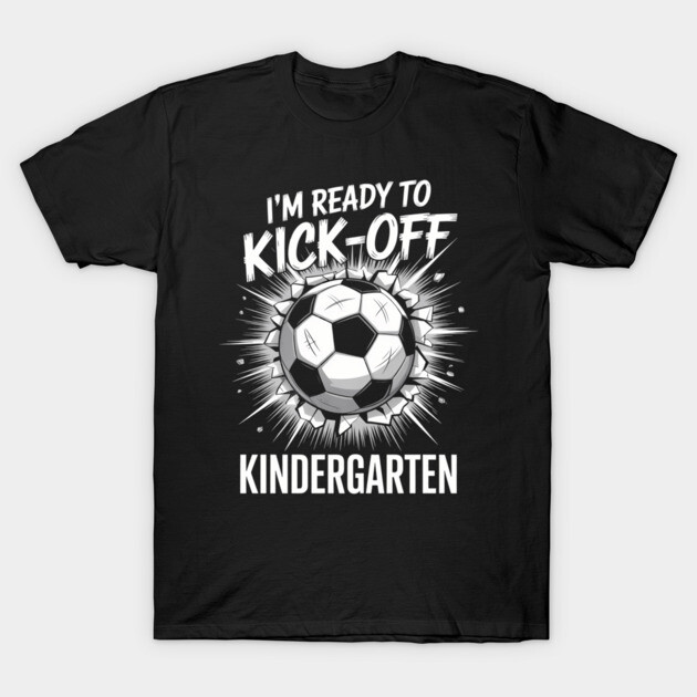 Black T-shirt with "I'm Ready to Kick-Off Kindergarten" soccer design, fun and sporty for kids.