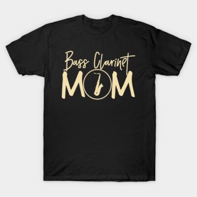 Black t-shirt with "Bass Clarinet Mom" design in beige text, perfect for musicians, made of soft cotton.