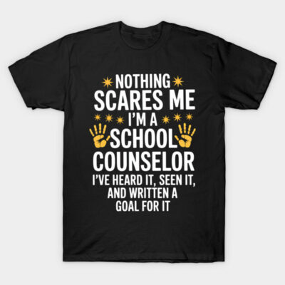 Black school counselor T-shirt with motivational print, featuring white and yellow text, casual style, cotton material.