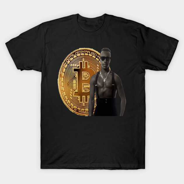 Black t-shirt with Bitcoin coin and stylish graphic design, casual wear for cryptocurrency enthusiasts.