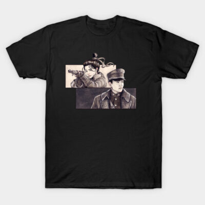 Black t-shirt featuring illustrated anime characters, casual style, perfect for fans, soft cotton material.