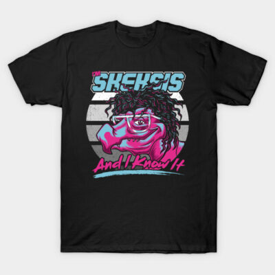 Black t-shirt with retro pink and blue graphic design featuring a humorous character and bold text.