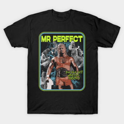 Black graphic t-shirt featuring retro wrestling design with bold text, ideal for casual wear or fans of wrestling culture.