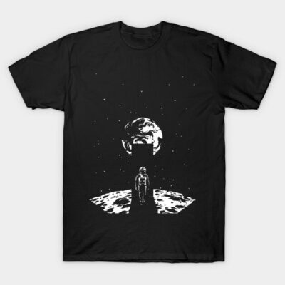 Black graphic t-shirt featuring astronaut and moon, cosmic theme, casual wear, 100% cotton, unisex design.