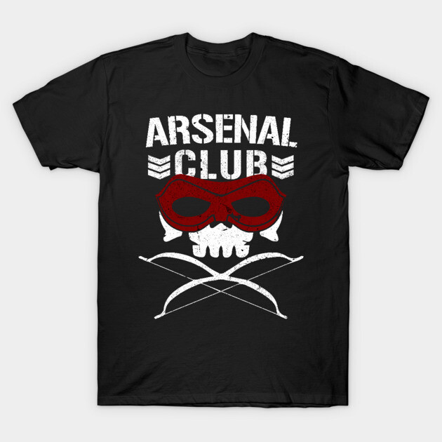 Black graphic t-shirt with "Arsenal Club" text, featuring a red mask and skull design, casual wear cotton fabric.