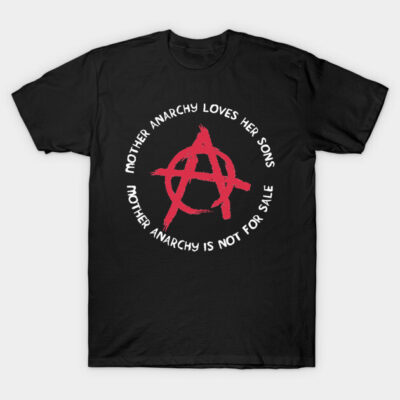 Black T-shirt with red anarchy symbol and white text, casual wear, cotton material.