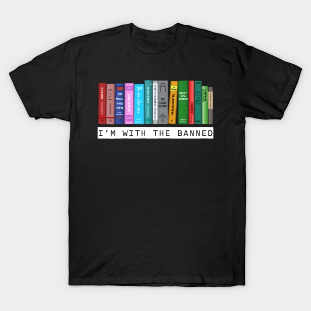 Black T-shirt with colorful book spines graphic and "I'm With The Banned" text, casual cotton wear.