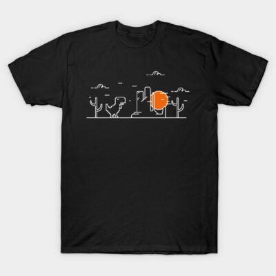 Black cotton T-shirt with minimalist desert and dinosaur design, featuring a bright orange sun. Casual wear, unisex style.