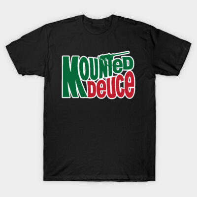 Black cotton T-shirt with "Mounted Deuce" text design in green and red. Casual style, perfect for everyday wear.